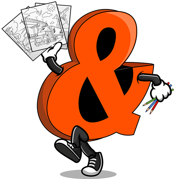 Ampy the Day & Ross mascot holding colouring pages