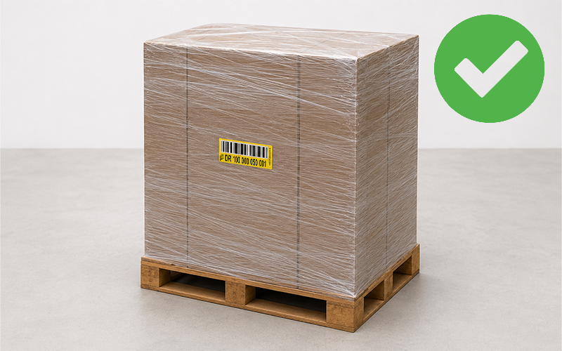 Barcode sticker applied to a handling unit