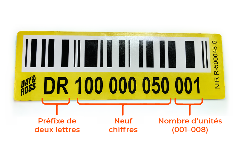Autocollant à code-barres montrant le préfixe de deux lettres et la séquence de trois chiffres